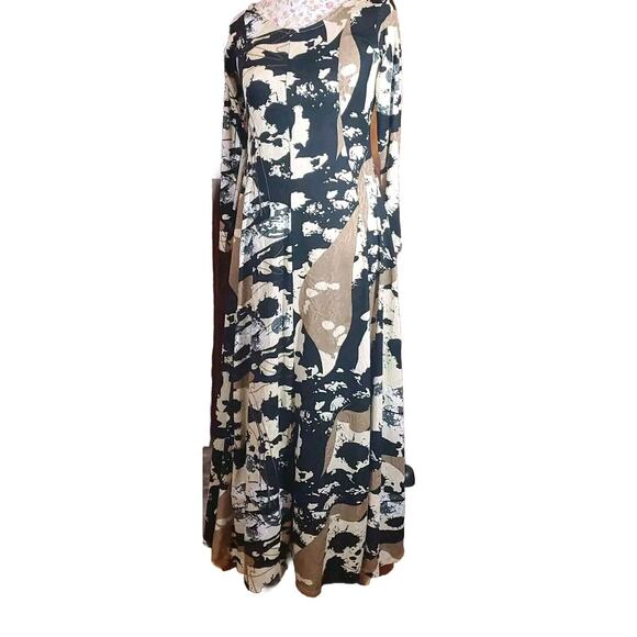 Handmade S Long Sleeve Round Neck Abstract Print Maxi Dress Brown Black Cream - Picture 1 of 9